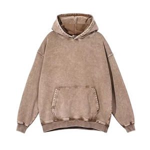 เสื้อฮู้ดดี้สีน้ำตาลฟอกย้อมสไตล์วินเทจทรงโอเวอร์ไซส์ แขนเสื้อแบบดรอปโชว์เดอร์ มีกระเป๋าจิงโจ้ สำหรับผู้ชาย สไตล์สตรีทแวร์ - Product Image 1