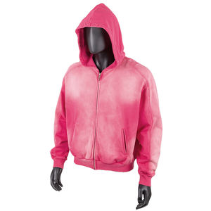 Hoodie court zippé tendance de haute qualité, délavé à l'acide, coupe ample, avec poche discrète, épaules patchwork, personnalisable pour homme, effet soleil éclairé - Product Image 1
