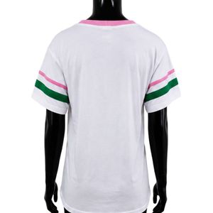 เสื้อยืดคอวีลายทางสีขาวเขียวชมพู แขนสั้น สไตล์ลำลอง แฟชั่นเสื้อยืดกราฟิกสำหรับผู้หญิง เสื้อผ้าสตรีทแวร์ ขายส่ง - Product Image 4