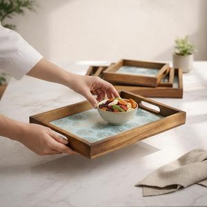 Plateau de service rectangulaire décoratif en bois d'acacia moderne avec insert à motifs, multifonctionnel pour la cuisine, la salle à manger, l'utilisation au restaurant - Product Image 2