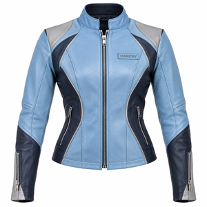 Veste de moto en cuir véritable bleu marine foncé pour femmes, vêtements de sport pour motocross, vêtements de motard, streetwear - Product Image 1