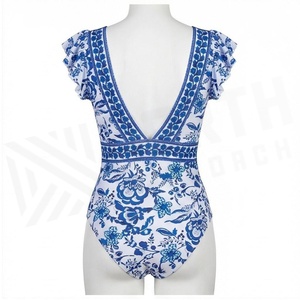 Traje de Baño de Una Pieza con Estampado Floral Azul para Mujer, Cuello en V Profundo, Manga con Volantes, Cintura Alta, Traje de Baño Elástico - Product Image 2
