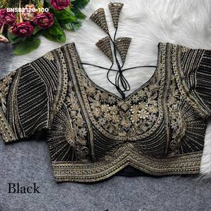 Collection de blouses à manches courtes, coupe pomme et dos fantaisie, en pur tissu italien lourd avec broderie Zari et travail de sequins, exportateur indien - Product Image 4