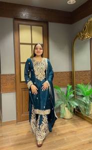 Kurti en soie chinon lourde avec broderie, cordonnet et travail de sequins, entièrement cousu, ensemble ethnique pour femme avec plazzo et dupatta assortis - Product Image 6