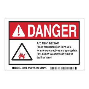 Étiquette de danger d'arc électrique Brady DANGER NFPA 70E, autocollante, durable, résistante aux UV, finition mate pour équipement électrique - Product Image 3