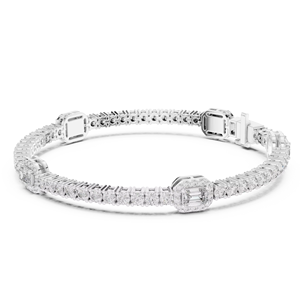 Ensemble de bracelets tennis classiques en or blanc 18 carats plaqué rhodium, sertis de diamants taille émeraude cultivés en laboratoire et d'un halo de diamants, certifié par une tierce partie - Product Image 1