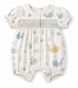 Mono de bebé al por mayor con smock hecho a mano, estampado de ballenas oceánicas, de algodón, manga corta abullonada, para verano, estilo boutique - Product Image 2
