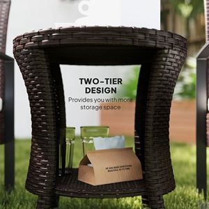 Tavolino da Caffè da Esterno in Vimini Marrone Misto da 18 Pollici con 2 Ripiani Portaoggetti, Tavolino Laterale da Patio in Rattan PE con Piano in Legno Composito per Uso Esterno - Product Image 6