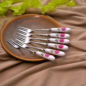 Chic <b>Set</b> of 6 Ceramic Ruffled Pink Forks Cute Metal and Wood Handle for Dinner Fruit and Dessert Use - Product Image 4