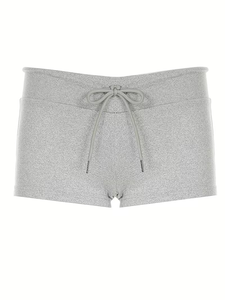 Women's Gray Solid Color Drawstring Waist Shorts Casual Knitted Breathable Athletic Short Pants Mid Rise Regular Fit - Product Image 6