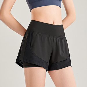 Shorts Deportivos Negros de Cintura Alta para Mujer, con Dobladillo Asimétrico, Panel de Malla Transpirable, para Entrenamiento, Running y Gimnasio - Product Image 1