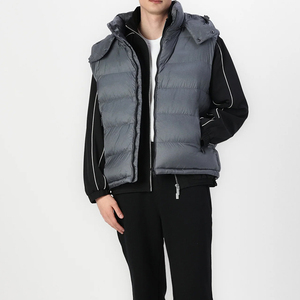 Gilet matelassé léger pour homme avec capuche, rembourré de duvet, coupe-vent, gris uni, sans manches, avec poche zippée - Product Image 4