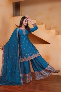 Vichitra Blooming <b>Sequin</b> Embroidered Top With <b>Flared</b> Palazzo And Dupatta Women Three Piece Festive Salwar Suit Set - Product Image 5