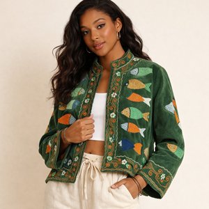 Chaqueta Sujani de terciopelo de algodón bordada a mano para mujer, diseño de pez, estilo bohemio, étnico, vintage, proveedor mayorista personalizado - Product Image 4