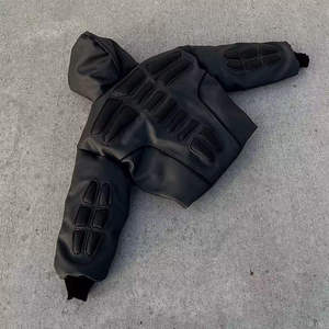 Men's Black Frux Leather Hoodied Puffer <b>jacket</b>- Streetwear <b>Zip</b>_<b>Up</b> Winter Coat Custom Logo - Product Image 2