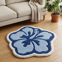 Premium Woll-Teppich mit Blauem Hibiskus-Blumenmuster, Handgetuftet, Rutschfest, Geometrisches Design für Wohnzimmer, Schlafzimmer und Heimdekoration