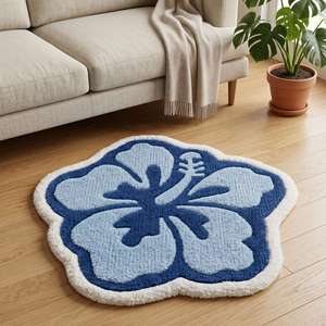 Alfombra de Lana Premium con Diseño Geométrico Antideslizante, Hecha a Mano con Flores de Hibisco Azules, para Sala de Estar, Dormitorio, Decoración del Hogar - Product Image 1