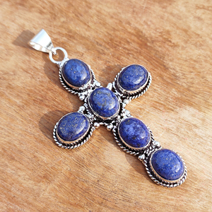 Pendentif Croix Vintage en Lapis Lazuli Plaqué Argent Antique, Base en Laiton, Bijou Unisexe Personnalisé, Cadeau, Sertissage Bezel, Vente en Gros - Product Image 4