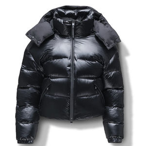 Men's Black Down Puffer Jacket <b>Stand</b> Collar Zipper Closure Windproof Casual Style Short Length Slim Fit Hooded Winter Coat - Product Image 1