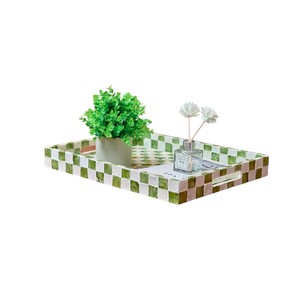 Plateau en nacre, motif damier vert et blanc, mosaïque, plateau de service rectangulaire avec poignées découpées pour la décoration de la maison - Product Image 2