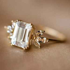 Emerald Cut White Topaz Ring Statement Ring 925 Sterling Silver 14K <b>Gold</b> Plated Wedding Birthstone Ring - Product Image 3