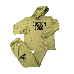 Trending Pullover Distressed Hoodie Flared Pants <b>Two</b> <b>Piece</b> <b>Set</b> Sportswear Customized Solid Color Men Tracksuits Heavyweight - Product Image 3