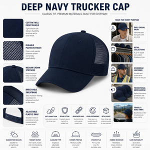 Custom Deep Navy Trucker <b>Cap</b> 6-Panel Mesh Back Front Embroidery Unisex Adjustable Adult Casual <b>Hat</b> - Product Image 3
