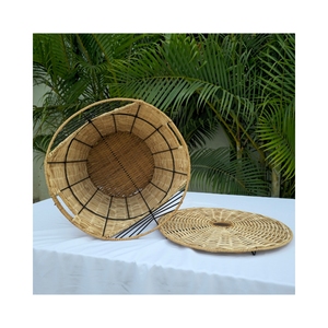 Baúl de Almacenamiento Redondo de Ratán en Dos Tonos, Blanco y Marrón, con Tapa - Product Image 3