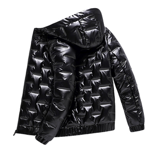 Blouson matelassé brillant personnalisé pour homme, gris et noir, à capuche, zippé, chaud pour l'hiver, rembourré, coupe-vent, pour l'extérieur, commande en gros - Product Image 3