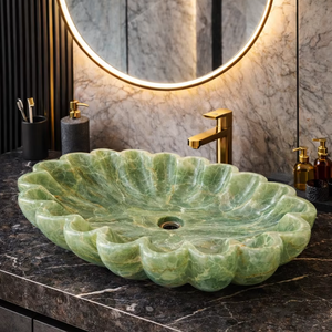Lavabo de baño de lujo moderno de ónix verde ecológico, tallado a mano con forma de flor, lavabo de tocador. - Product Image 1