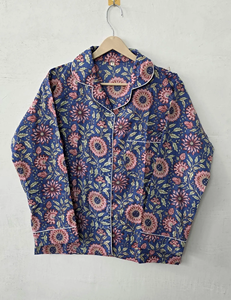 Ensemble de pyjama d'été élégant en coton imprimé à la main pour femme, motif floral, col cranté, coupe décontractée, long - Product Image 3