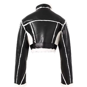 Blouson moto en cuir et peau lainée pour femme avec ceinture, col montant, chaud pour l'hiver, manches longues, style court - Product Image 4