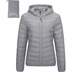 Chaqueta Acolchada Gris Claro con Capucha, Cierre de Cremallera, Manga Larga, para Mujer, Otoño, Largo Regular, Color Sólido, Relleno de Poliéster - Product Image 1