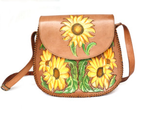 Bolso Bandolera de Cuero Genuino Hecho a Mano con Patrón de Girasol, Cierre de Solapa, Estilo Bohemio, Bolso de Uso Diario para Mujer - Product Image 3