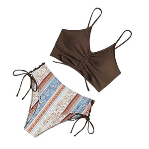 Ensemble bikini 2 pièces pour femmes, haut marron à col plongeant, bas rayé taille haute avec détail cordon de serrage, maillot de bain en spandex et polyester - Product Image 3