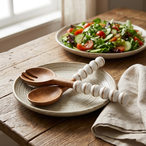 Handcrafted Mango Wood <b>Salad</b> Server Set with White Beaded Handles Eco-Friendly Wooden Serving Spoon and Fork for Kitchen Decor - Product Image 4