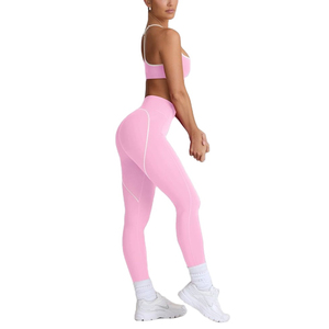 New Wholesale Women's Mid Waist Sports Bras and Yoga <b>Leggings</b> Gym Fitness Set Splice Color Breathable Solid <b>Pattern</b> - Product Image 3