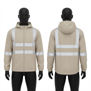 Veste de travail en cuir polyester premium 300 GSM, beige, avec bandes réfléchissantes, panneaux personnalisés, capuche embossée sur le devant, imperméable, veste de sécurité - Product Image 1