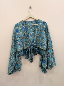 100% <b>Silk</b> Vintage Eco-Friendly Wrap <b>Top</b> Long Bell Sleeves Resort & Festival Wear - Product Image 6