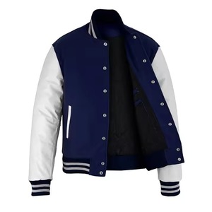 Hot Selling Men's Blue Fleece With White Leather Sleeves Varsity <b>Jacket</b> Customized Wholesale Fashionable Varsity <b>Jacket</b> - Product Image 2