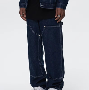 Pantalones de skate holgados para hombre al por mayor de fábrica, de algodón oscuro lavado, diseño recto y plano, cintura media, jeans de color liso. - Product Image 4