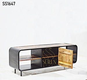 SUREN SPACE SS1647 Indian Designer Antique-Style Handcrafted Entertainment <b>Unit</b> Reclaimed Wood Open <b>Shelves</b> TV Cabinet Farmhouse - Product Image 1