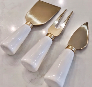 Ensemble de couteaux à fromage en acier inoxydable doré, 3 pièces, spatule, fourchette, serveur avec manche en céramique blanche pour une utilisation en cuisine - Product Image 3