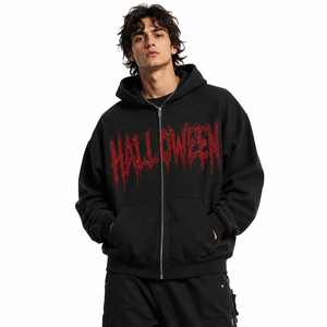 Custom Men Oversized Black Zip Up <b>Hoodie</b> with <b>Red</b> Graphic Print Heavyweight Streetwear Sweatshirt Casual Hip Hop Pullover <b>Hoodie</b> - Product Image 1