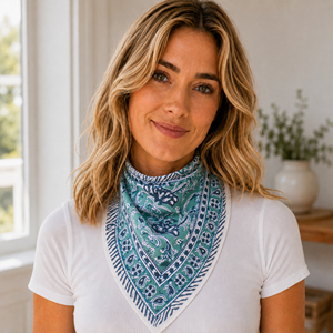 Designer Floral Pattern Cotton Bandana Square Scarf Blue Green Casual Style Spring Summer Wear For Unisex - Product Image 1