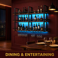 Porte-bouteilles mural avec éclairage LED, étagère à vin en métal et bois avec porte-verres pour bar à domicile, présentoir à 3 niveaux