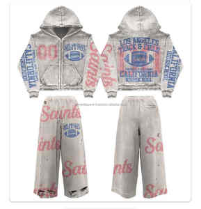 Conjunto Deportivo de Dos Piezas para Hombre, 100% Algodón, Personalizado, Grueso, Estampado, Desgastado, Bordado, Decolorado por el Sol, Sudadera con Capucha y Pantalones Acampanados - Product Image 1