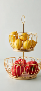 Wholesale 2-Tier Gold Metal Wire Fruit Storage <b>Basket</b> Center Handle Kitchen Vegetable <b>Display</b> Stand - Product Image 5