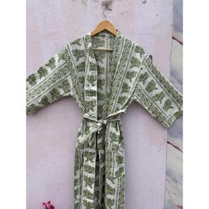 Pure Cotton Indian Block printed House Robe Summer <b>Kimono</b> | Floral <b>Beach</b> Coverup/Comfy Maternity Spring Blue Turquoise Waters Ex - Product Image 1