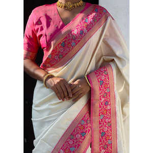 Sari en soie crème Gala avec pallu Paithani, Kadiyal Zari tissé, robes de soirée élégantes - Product Image 4